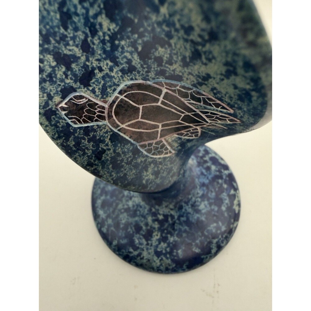Hand Carved Kenya Soapstone Candle Holder Turtle Inlay Sculptural Decor